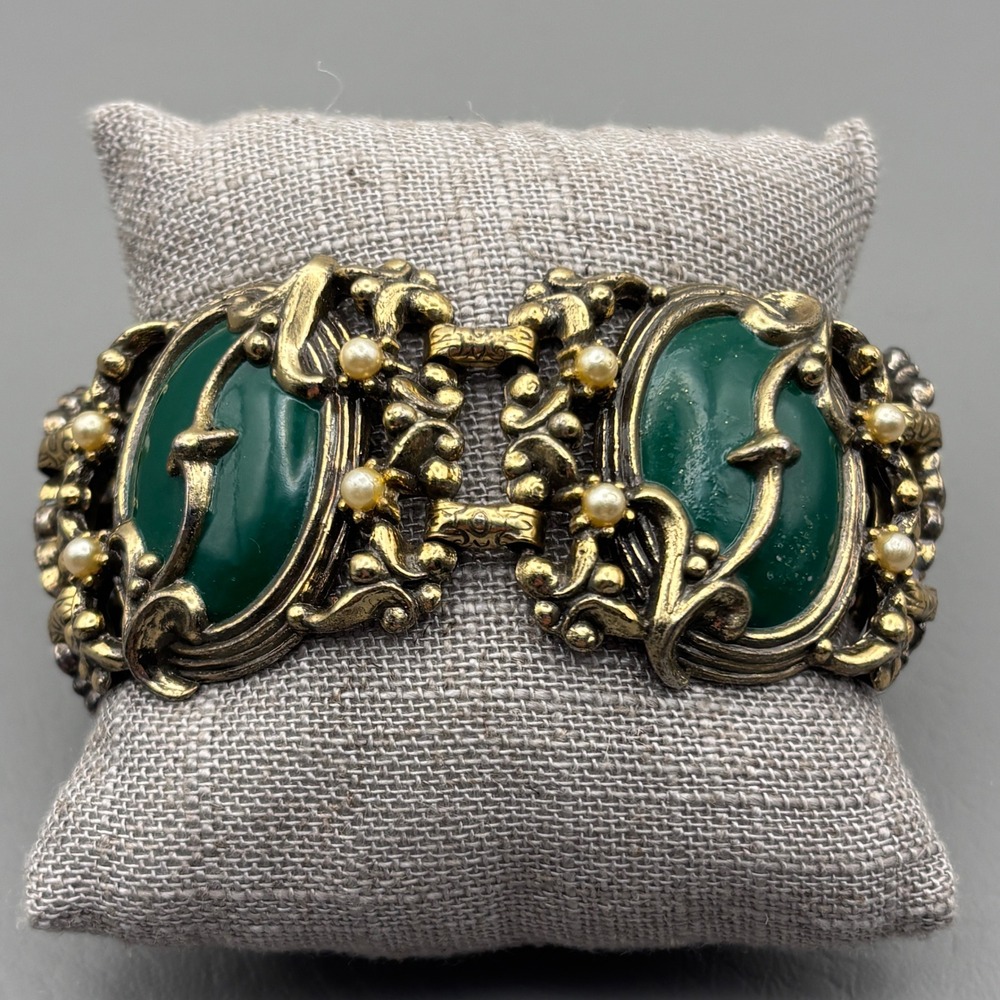 Vintage Statement Bracelet Green Cabochon Faux Pearl Ornate Link Gold Tone Metal